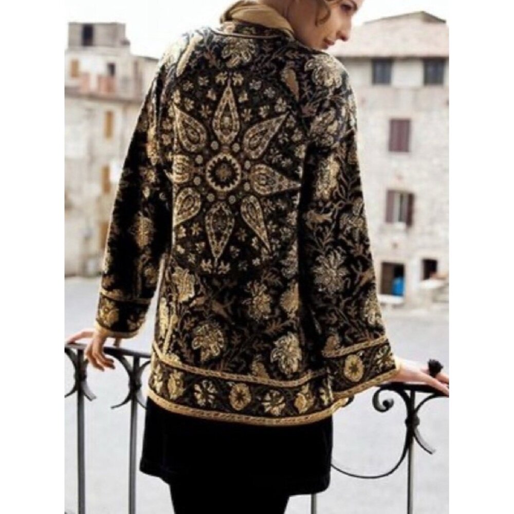 Peruvian Connection Black and Gold Embroidered Cardigan